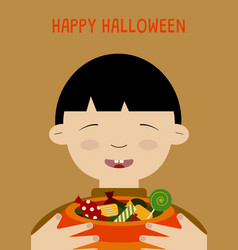 Happy Halloween Card With Asian Boy Close Up Holdi