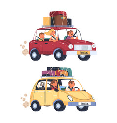 People Character Traveling By Car With Luggage