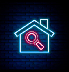 Glowing Neon Line Search House Icon Isolated