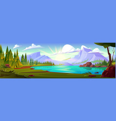 Natural Cartoon Landscape With Mountains And Lake