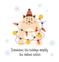 Funny Sad Winter Cat In Christmas Garland