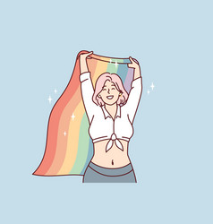 Happy Woman Waving Rainbow Flag While Speaking