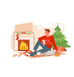 Christmas Cozy Time Inside By Fireplace Man In