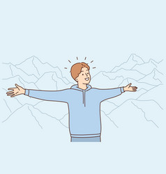 Smiling Man Stretch Hands Hug Mountains