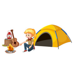 A Girl Camping On White Background