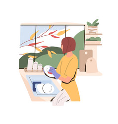 Woman Washing Dishes With Hands At Home Kitchen