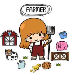 Isolated Set Cartoon Farmer Kid Girl