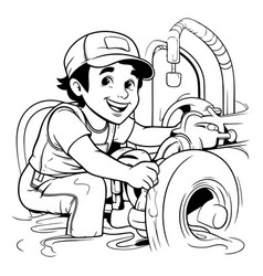 Black And White Cartoon Of Plumber Repairman