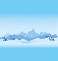 Snow Scape Scene With Mountains And Pines Trees