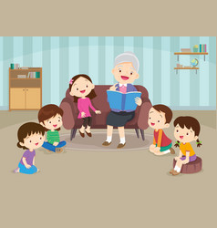 Children Listen Grandparents Reading On Sofa