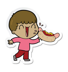 Sticker Of A Laughing Cartoon Man Eating Hot Dog