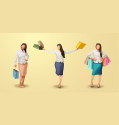 Women In Shopping Theme Set On Yellow