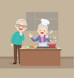 Elderly Man Looking To Woman Cooking