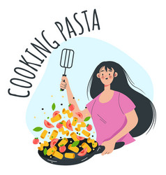 Woman Girl Character Cooking Pasta And Vegetable