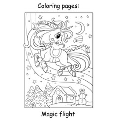 Coloring Book Page Cute Christmas Flying Unicorn