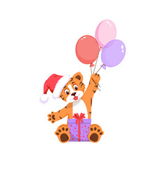 Cute Tiger Cub Holding A Gift And Balloons