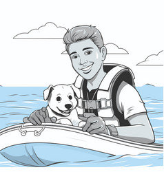 A Man In Life Jacket With His Dog On The Boat