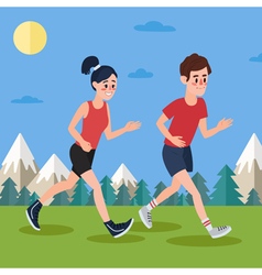 Man And Woman Running In The Woods And Mountains