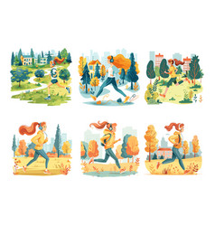 Woman Jogging Park Cartoon Scenes