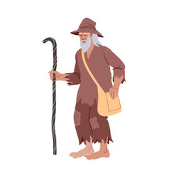 A Walking Old Tramp With Stick And Travel Bag