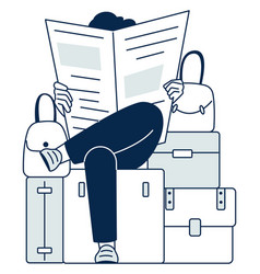 Person Sitting On Travel Bag And Reading Newspaper