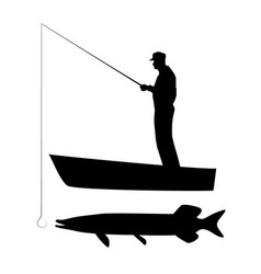 Old Man Is Fishing Pike On Boat Silhouette