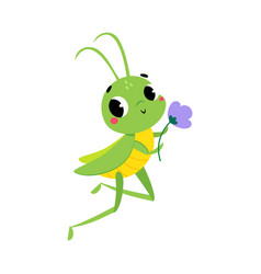 Cute Green Grasshopper Character Holding Flower