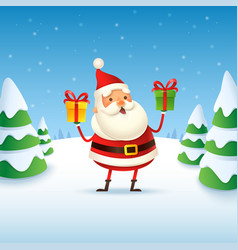 Cute And Happy Santa Claus - Winter Landscape