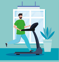 Exercise At Home Man Running On Treadmill Using