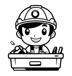 Cute Boy In Construction Helmet And Toolbox