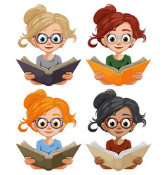 Four Cartoon Girls Engrossed In Reading Different