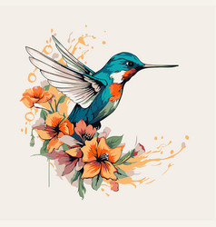 Hummingbird With Flowers And Leaves In Vintage