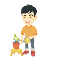 Asian Boy Watering Plant With A Can