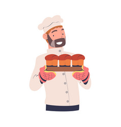 Bearded Man Baker In Toque Holding Freshly Baked