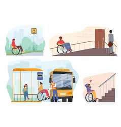 Set Of Disabled People On Wheelchairs Using Ramps