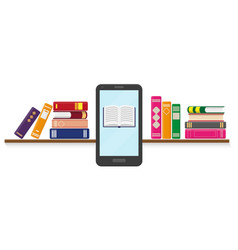 Books On Shelf And Smartphone With Opend Book