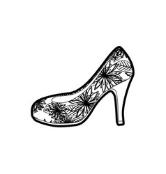 Black Thick Contour Of High Heel Shoe With Floral