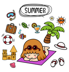 Isolated Set Cartoon Summer With Kid Girl