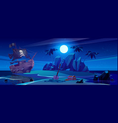 Pirate Ship Moored On Night Island With Treasure