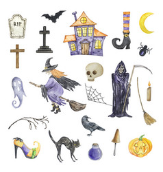 Watercolor Halloween Set Of Witch Reaper Haunted