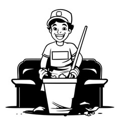 Cartoon Man Cleaning The House With A Mop