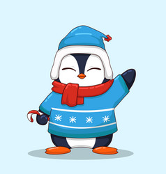 Cute Penguin Wearing Blue Sweater Holding