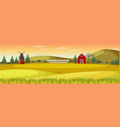 Farm Landscape With Field And Red Barn In Autumn