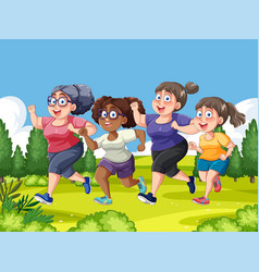 Four Animated Women Running Together Outdoors