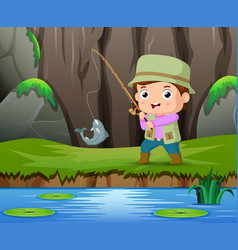 Kid Fishing Fish Cartoon On The Forest