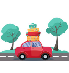 Red Car With Baggage On Roof Summer Family