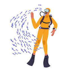 Scuba Diver In Mask Floating With School Of Fish