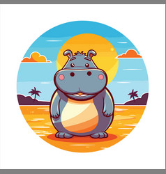 Hippo Cute Funny Cartoon Kawaii Watercolor Beach