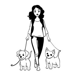 Young Woman Walking With Her Dogs Cartoon