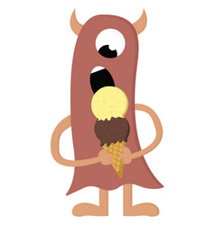 Tall Brown Monster Eating Cone Ice Cream On White